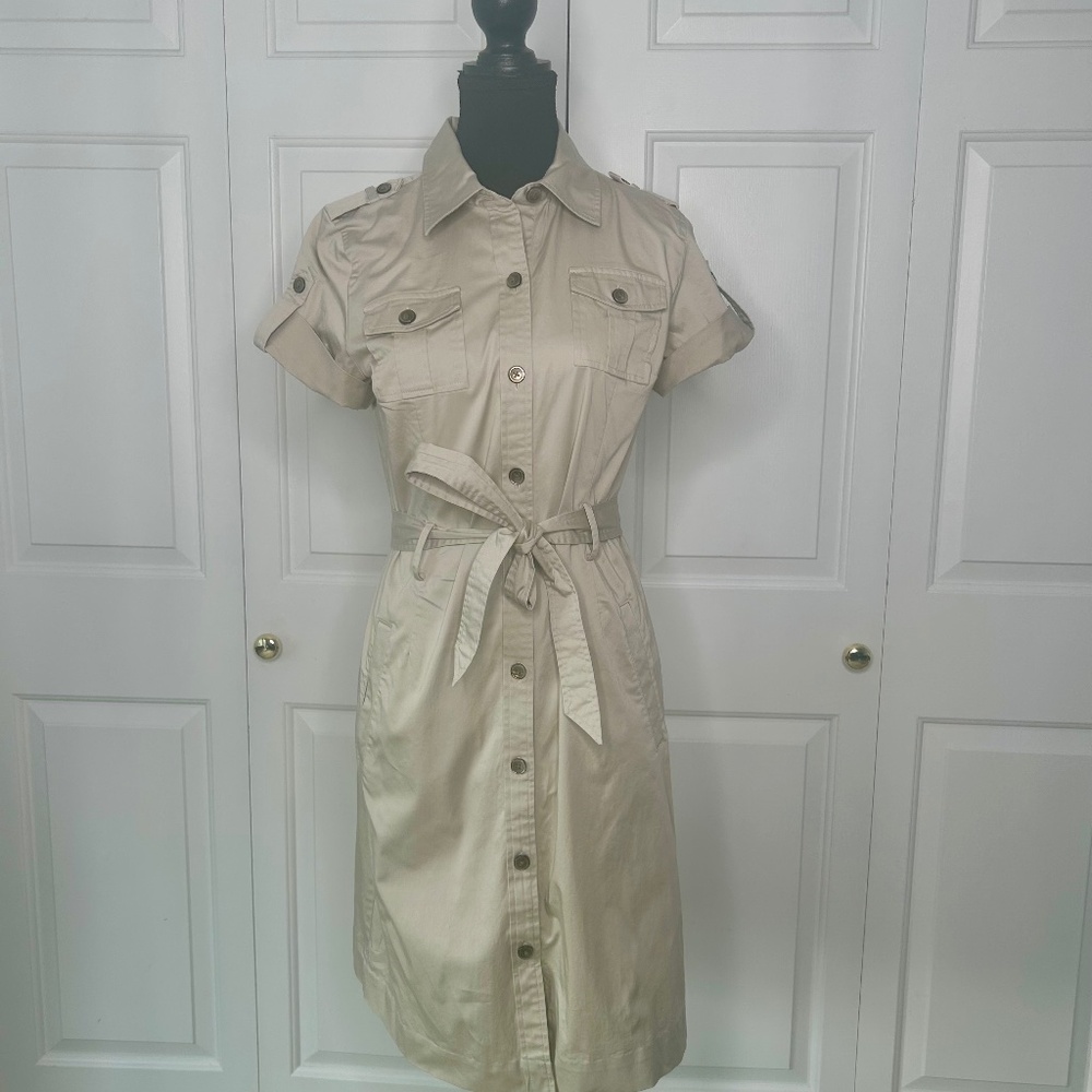 Calvin Klein Khaki Shirt Dress with Tie Waist Size 8